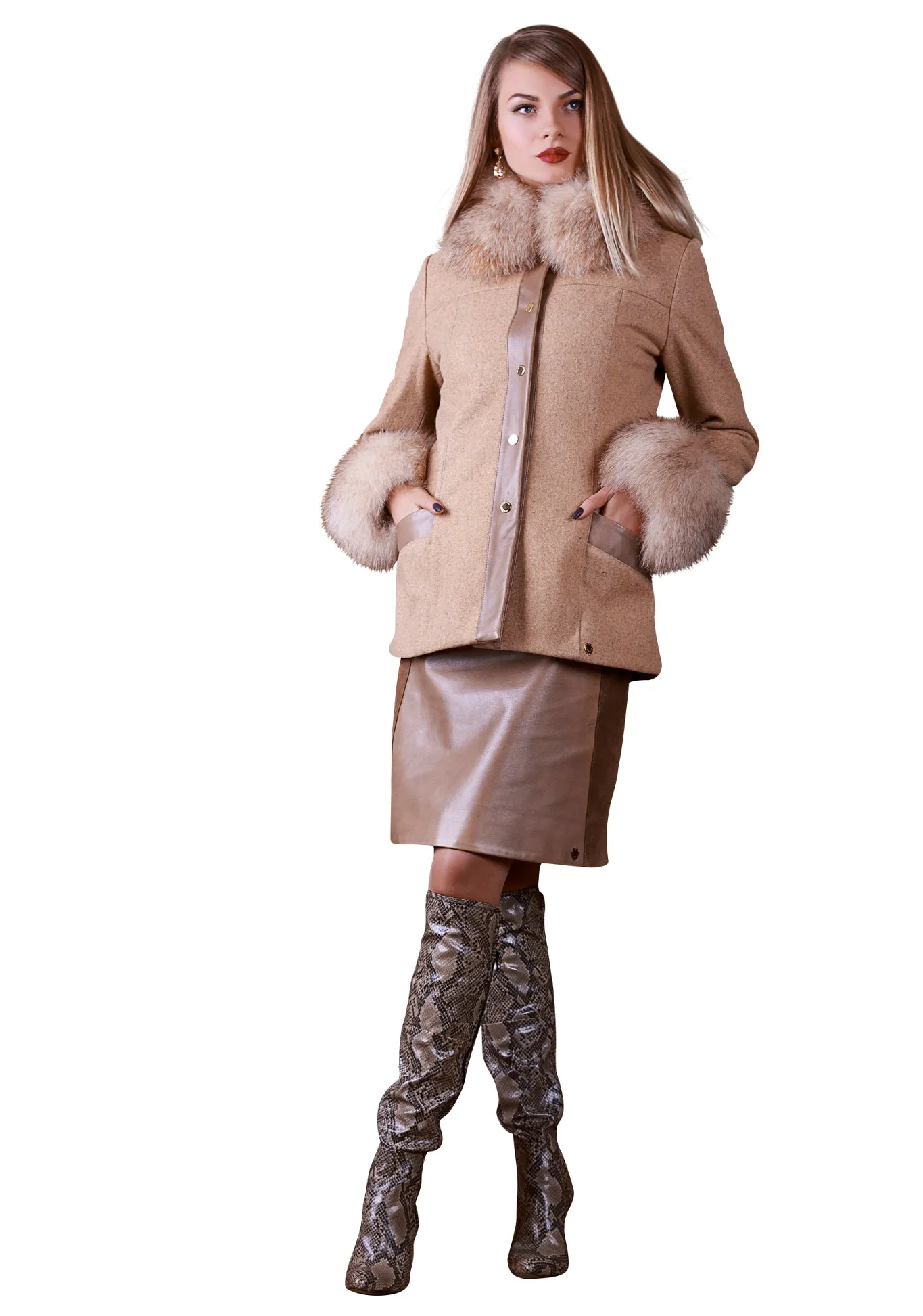 Merino Wool Fox Cuff Reindeer Leather Winter Jacket -  Limited Edition