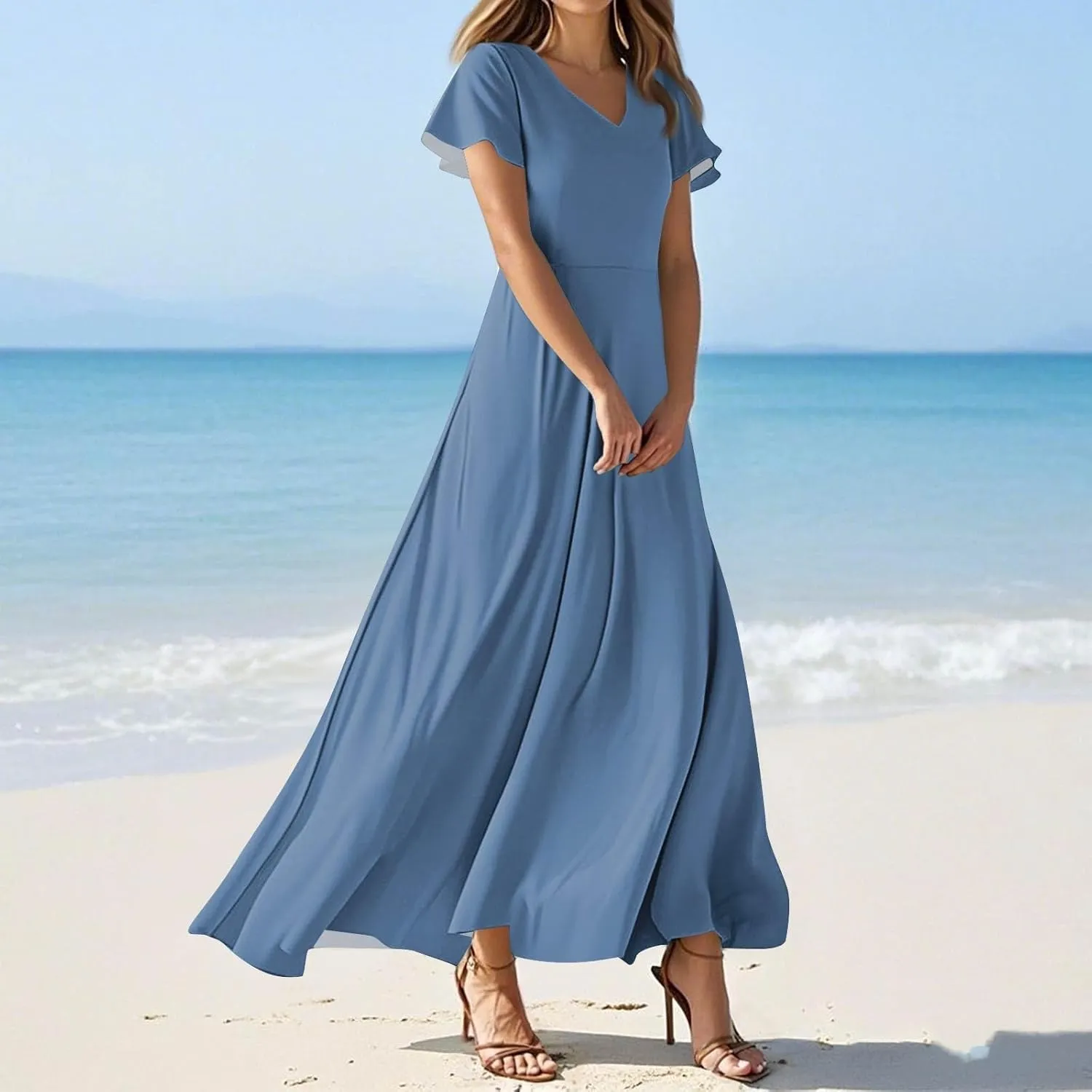 NBXNZWF Summer Dresses for Women 2025 Ruffle Short Sleeve V Neck Maxi Dress Flowy Beach Vacation Casual Dresses