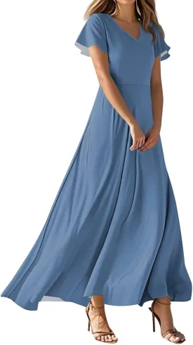 NBXNZWF Summer Dresses for Women 2025 Ruffle Short Sleeve V Neck Maxi Dress Flowy Beach Vacation Casual Dresses