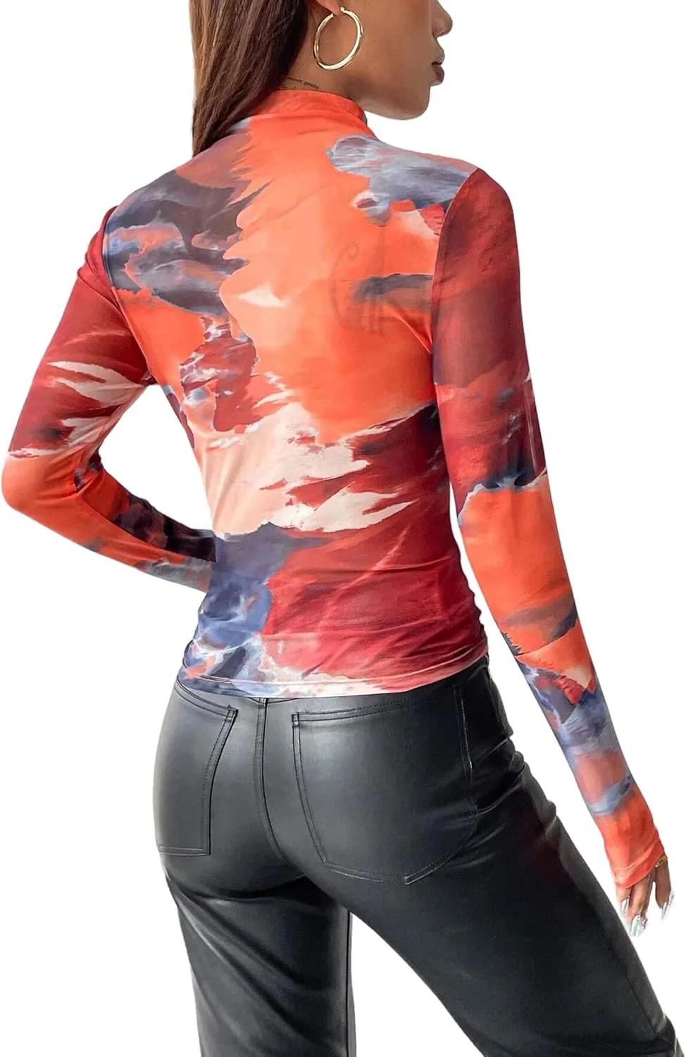 Remidoo Womens Sexy Sheer Mesh Long Sleeve Tops Round Neck Fitted T Shirt