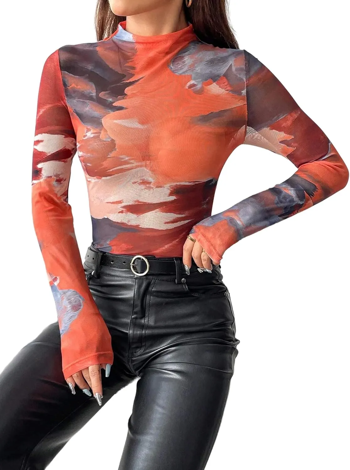 Remidoo Womens Sexy Sheer Mesh Long Sleeve Tops Round Neck Fitted T Shirt