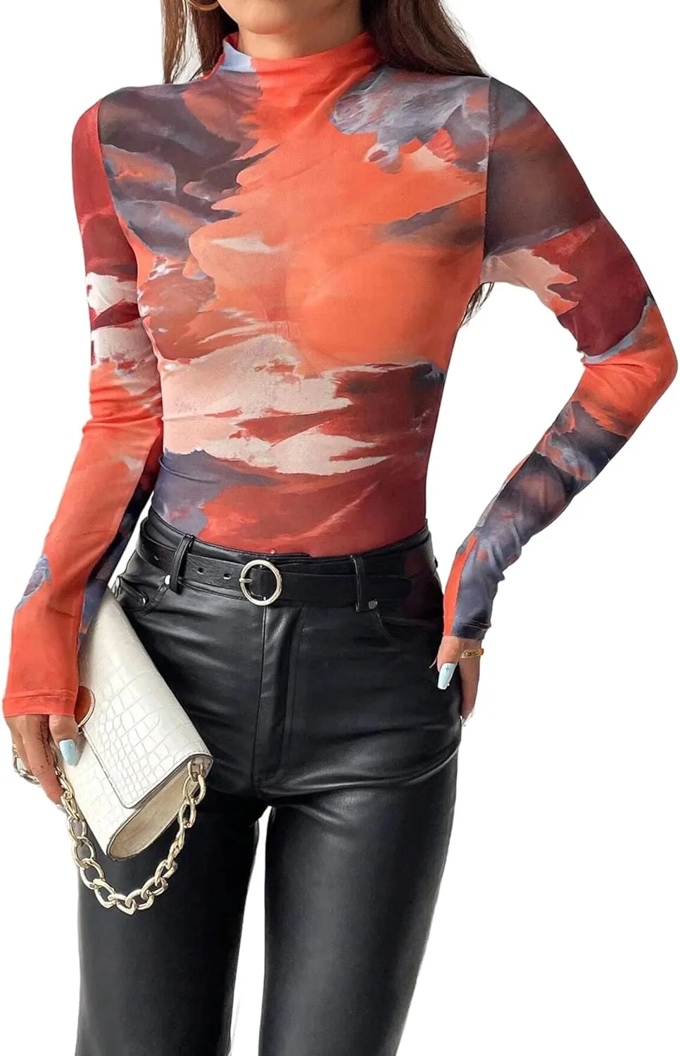 Remidoo Womens Sexy Sheer Mesh Long Sleeve Tops Round Neck Fitted T Shirt