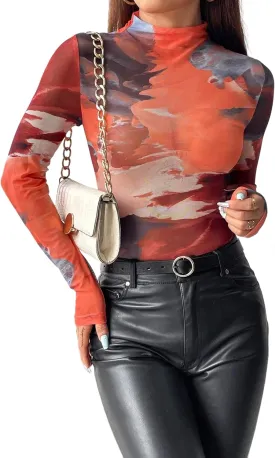 Remidoo Womens Sexy Sheer Mesh Long Sleeve Tops Round Neck Fitted T Shirt