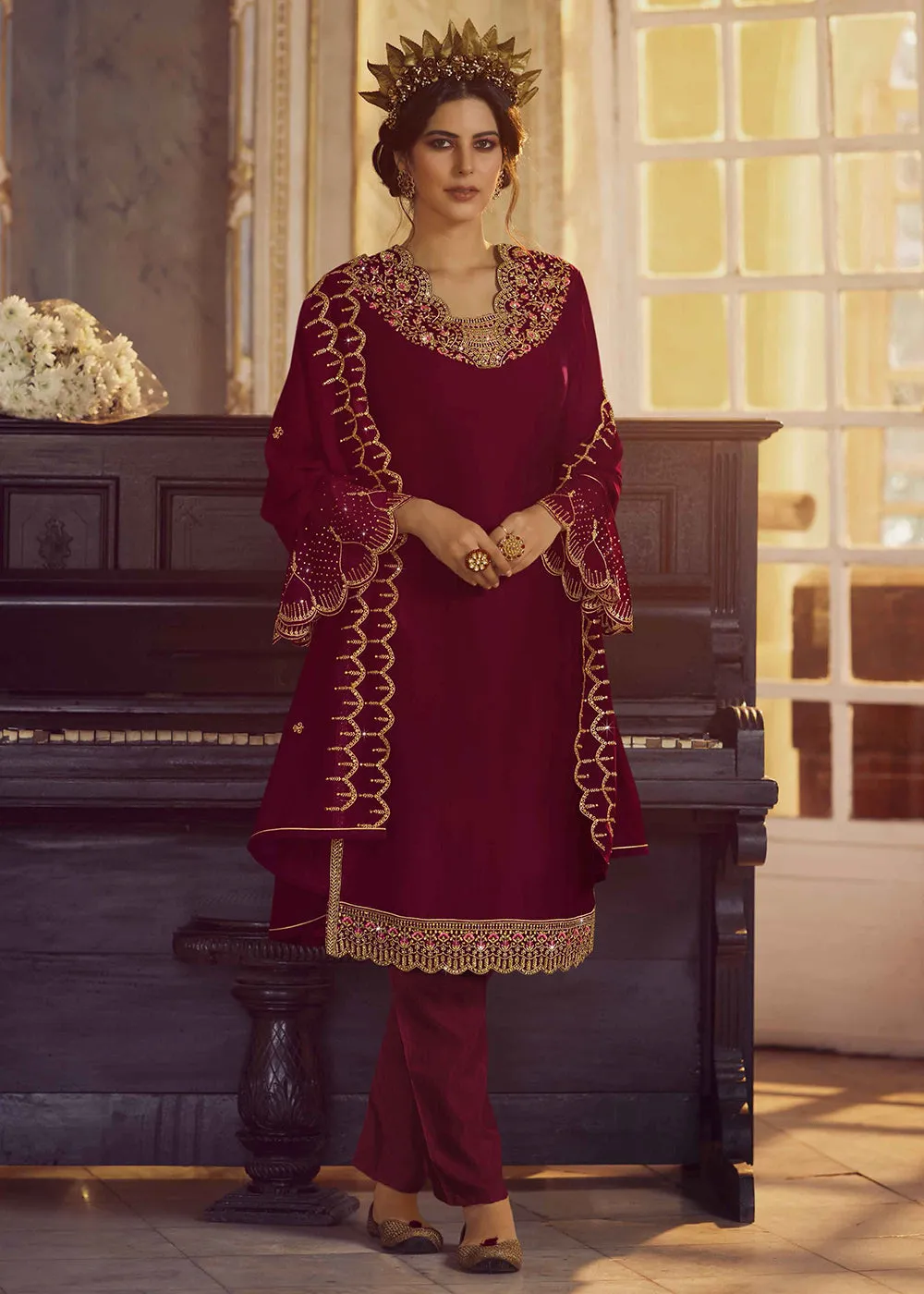 Rosewood Maroon Lehenga/Pant Style Trendy Suit
