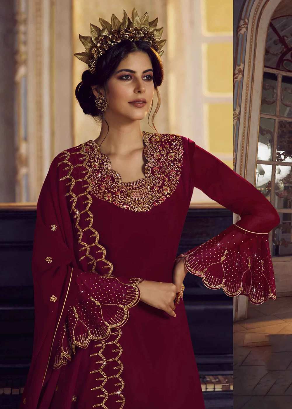 Rosewood Maroon Lehenga/Pant Style Trendy Suit