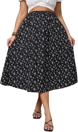SOLY HUX Women's Plus Size Vintage High Waist A Line Flared Midi Skirt Floral Print Casual Long Skirts