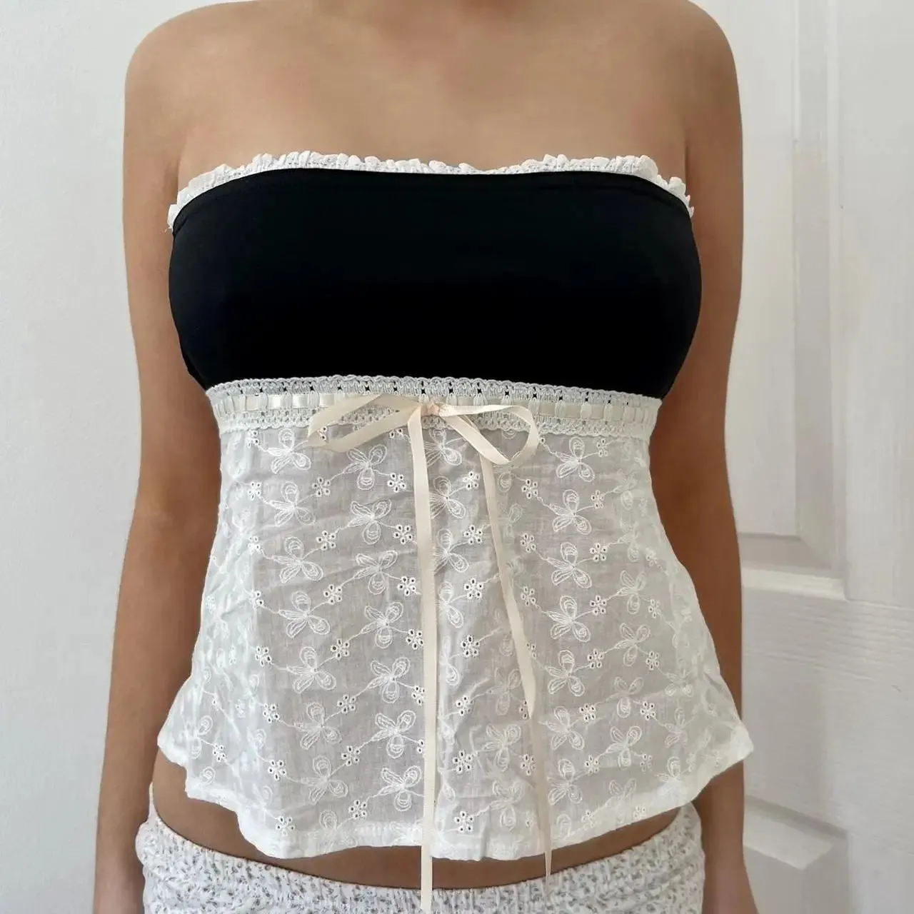 Strapless Club Short Sleeveless Color Splice Backless Sexy Crop Party Bow Contrast Lace Top