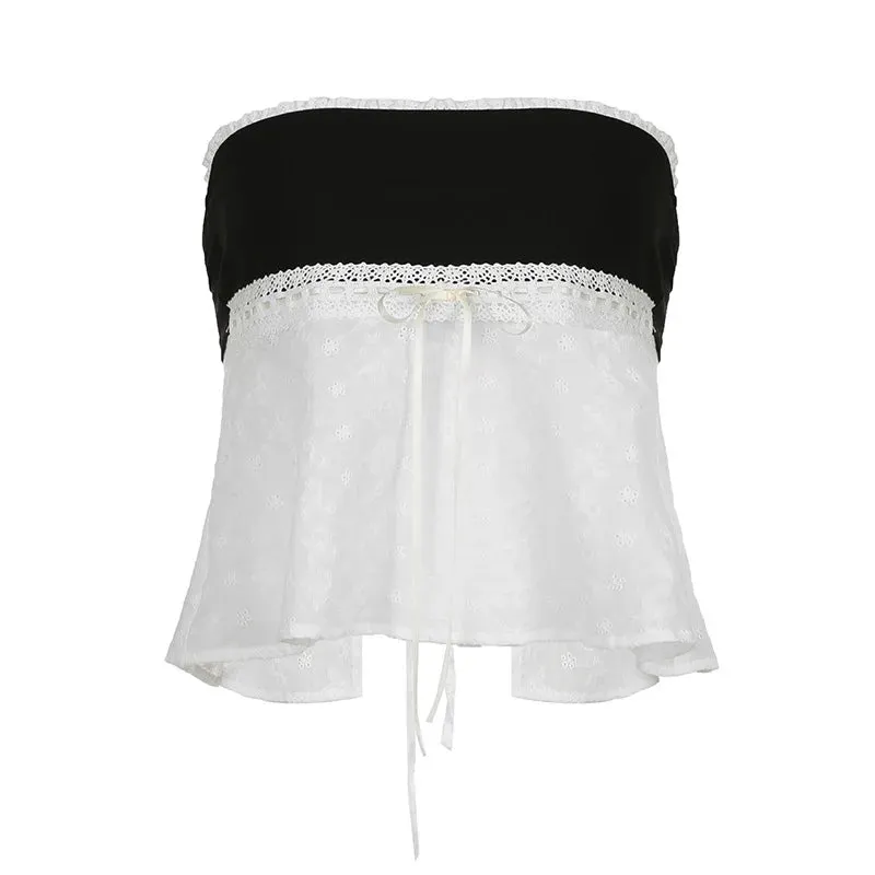 Strapless Club Short Sleeveless Color Splice Backless Sexy Crop Party Bow Contrast Lace Top