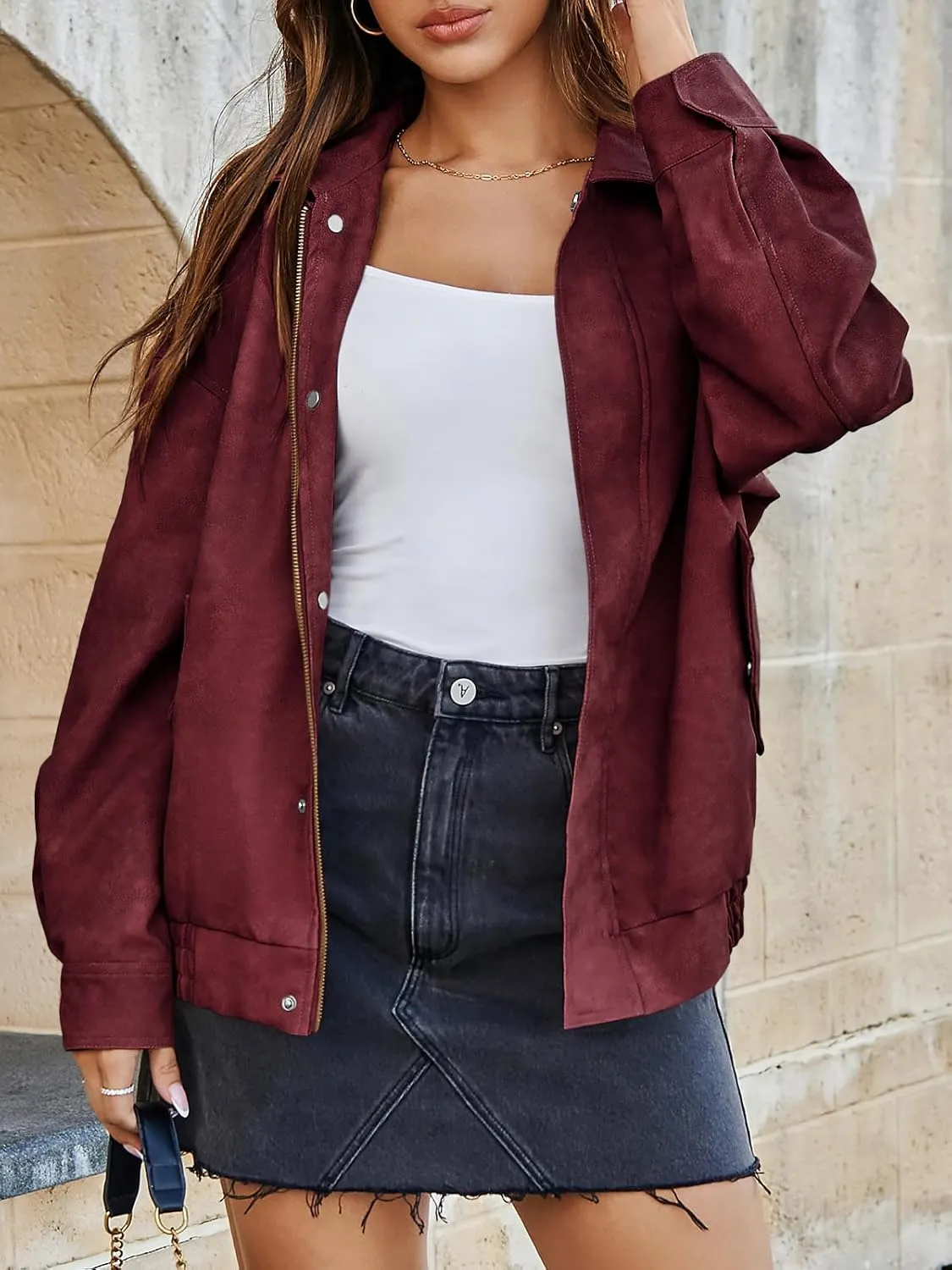 Tankaneo Womens Oversized Leather Jackets Trendy Zip up Bomber Motorcycle Coat 2025 Going out Outfits