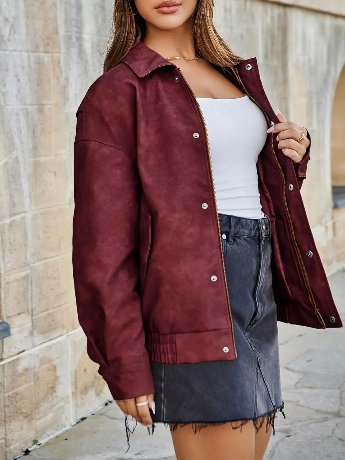 Tankaneo Womens Oversized Leather Jackets Trendy Zip up Bomber Motorcycle Coat 2025 Going out Outfits