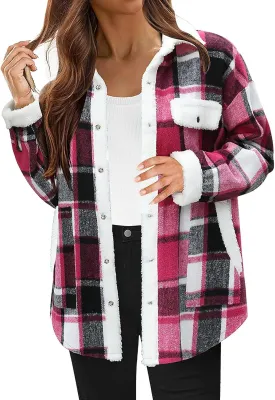 Women 2024 Hooded Flannel Jacket Warm Sherpa Shacket Fleece Lined Button Down Plaid Coat Trendy Fall Winter Outfits
