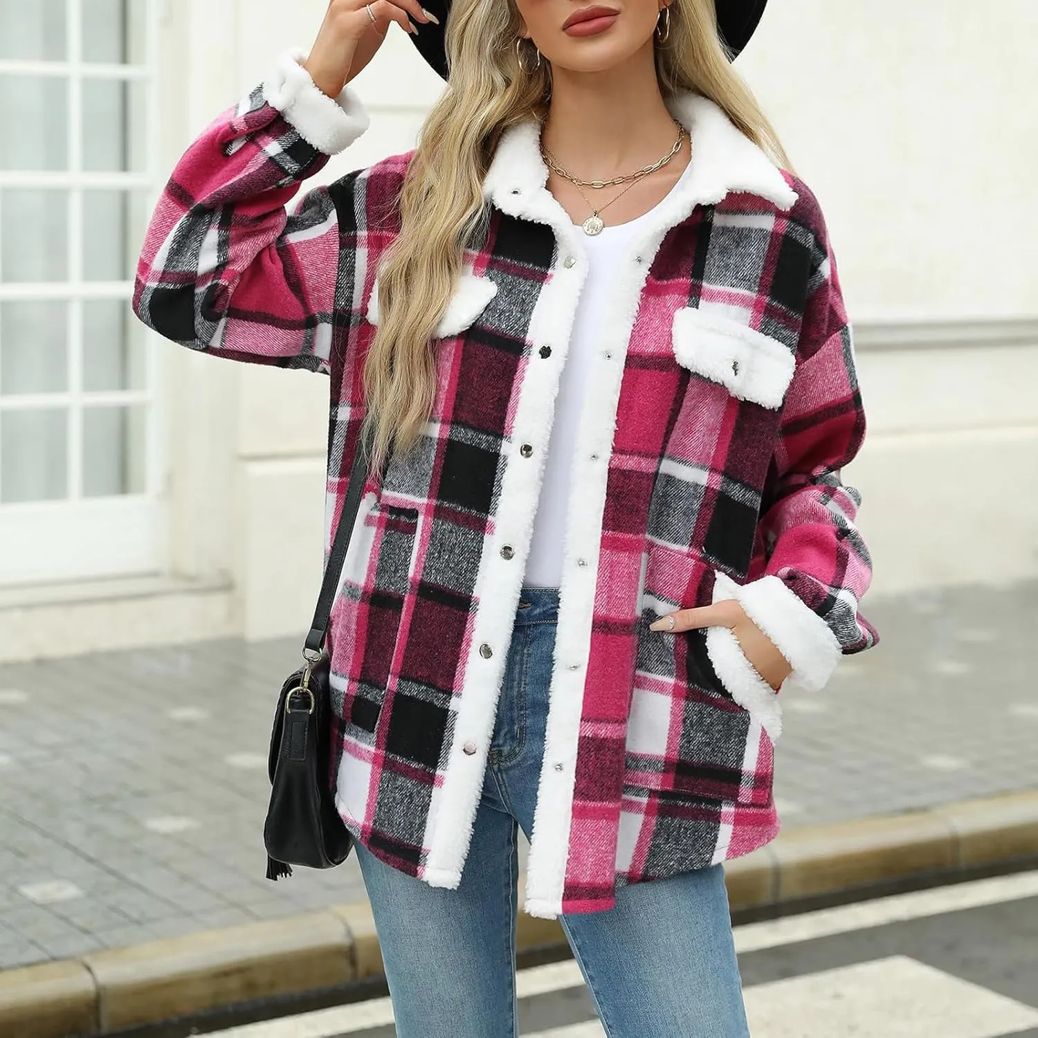 Women 2024 Hooded Flannel Jacket Warm Sherpa Shacket Fleece Lined Button Down Plaid Coat Trendy Fall Winter Outfits