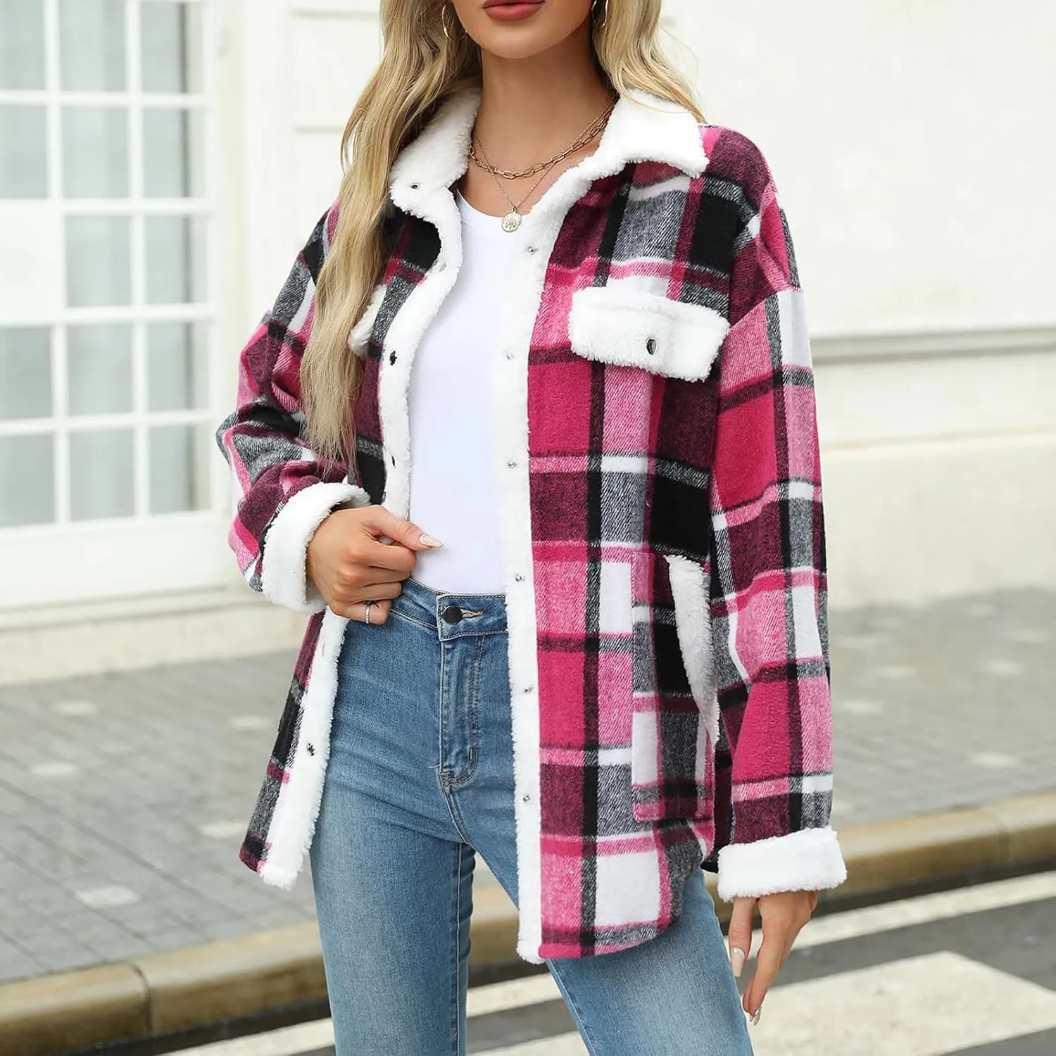 Women 2024 Hooded Flannel Jacket Warm Sherpa Shacket Fleece Lined Button Down Plaid Coat Trendy Fall Winter Outfits