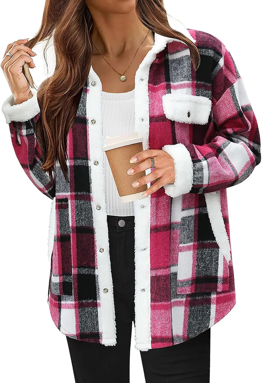 Women 2024 Hooded Flannel Jacket Warm Sherpa Shacket Fleece Lined Button Down Plaid Coat Trendy Fall Winter Outfits