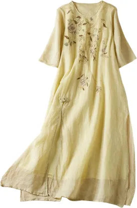 Women Bohemian Cotton Linen Dresses 3/4 Sleeve Maxi Long Dress Plain Classic Dresses Trendy Boho Dresses with Belt