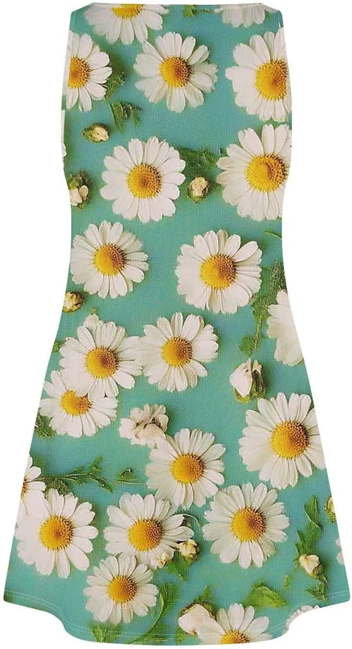 Women's Summer Dresses Beach Printed Swimsuit Coverup Vacation 2025 Sundress V Neck Sleeveless Dress with Pocket