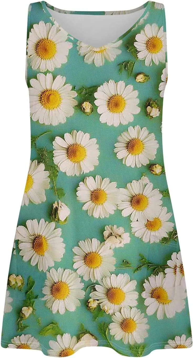 Women's Summer Dresses Beach Printed Swimsuit Coverup Vacation 2025 Sundress V Neck Sleeveless Dress with Pocket