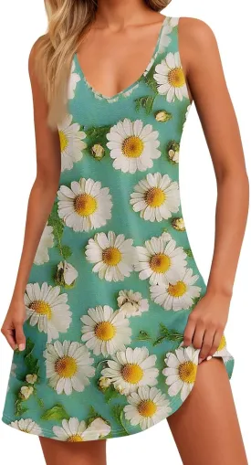 Women's Summer Dresses Beach Printed Swimsuit Coverup Vacation 2025 Sundress V Neck Sleeveless Dress with Pocket
