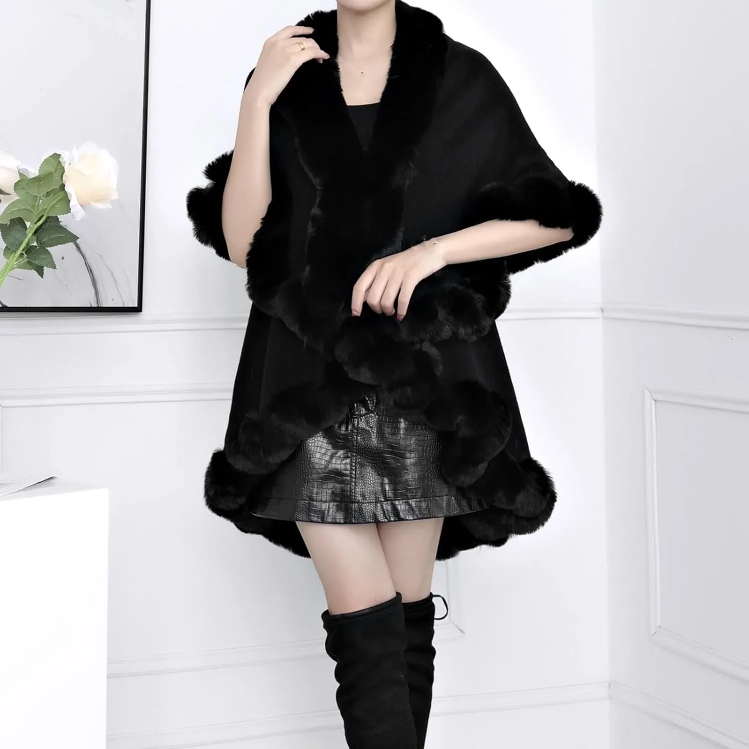 XUNRYAN Women's Shawl Wraps Faux-Fur Cape Coat Wool-Blend Cloak Open Front Cardigan Poncho Winter Warm Sweater Jackets