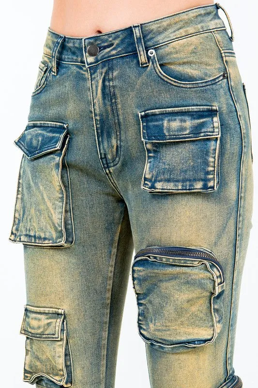 Zipper Pocket Washed Stacked Jeans