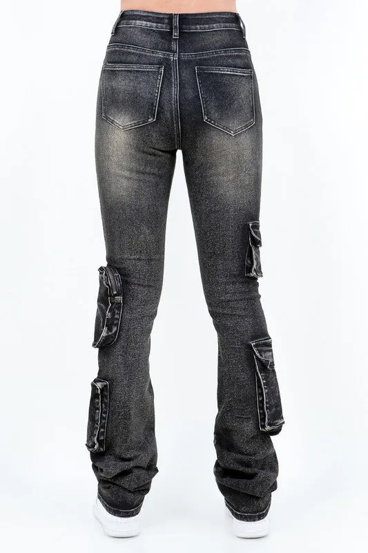 Zipper Pocket Washed Stacked Jeans