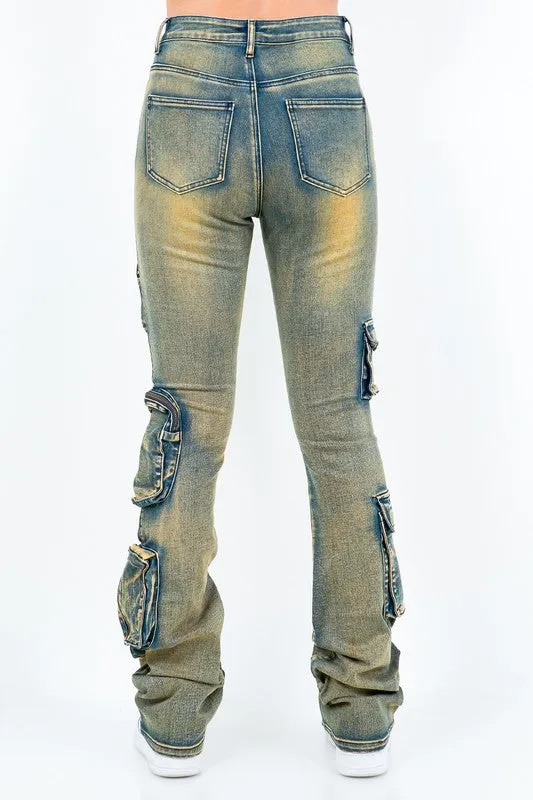 Zipper Pocket Washed Stacked Jeans